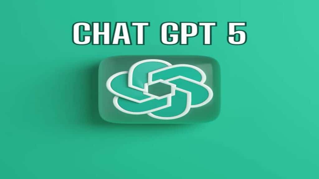 OpenAI Logo stylisé de ChatGPT sur fond vert avec l’inscription « Chat GPT 5 ».
