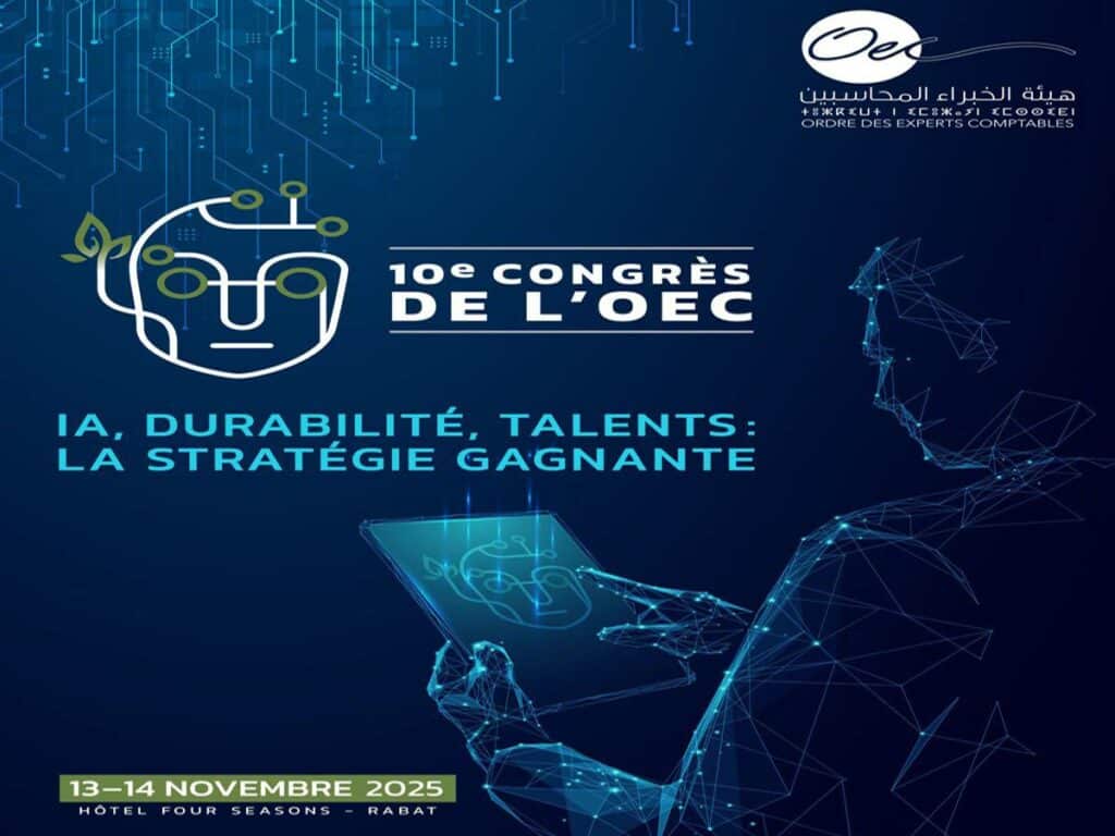 Affiche illustrée montrant des silhouettes abstraites et des circuits. Le texte « 10ᵉ CONGRÈS DE L'OEC », « IA, DURABILITÉ, TALENTS » et les dates « 13-14 NOVEMBRE 2025 » sont visibles.
