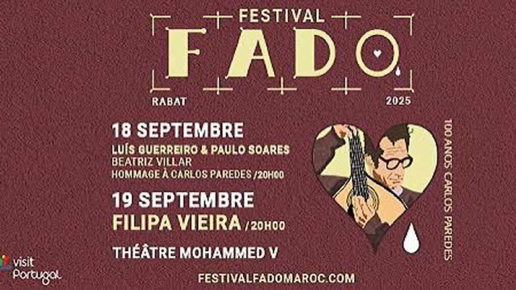 Affiche du Festival Fado 2025 à Rabat, programme des concerts et hommage à Carlos Paredes.